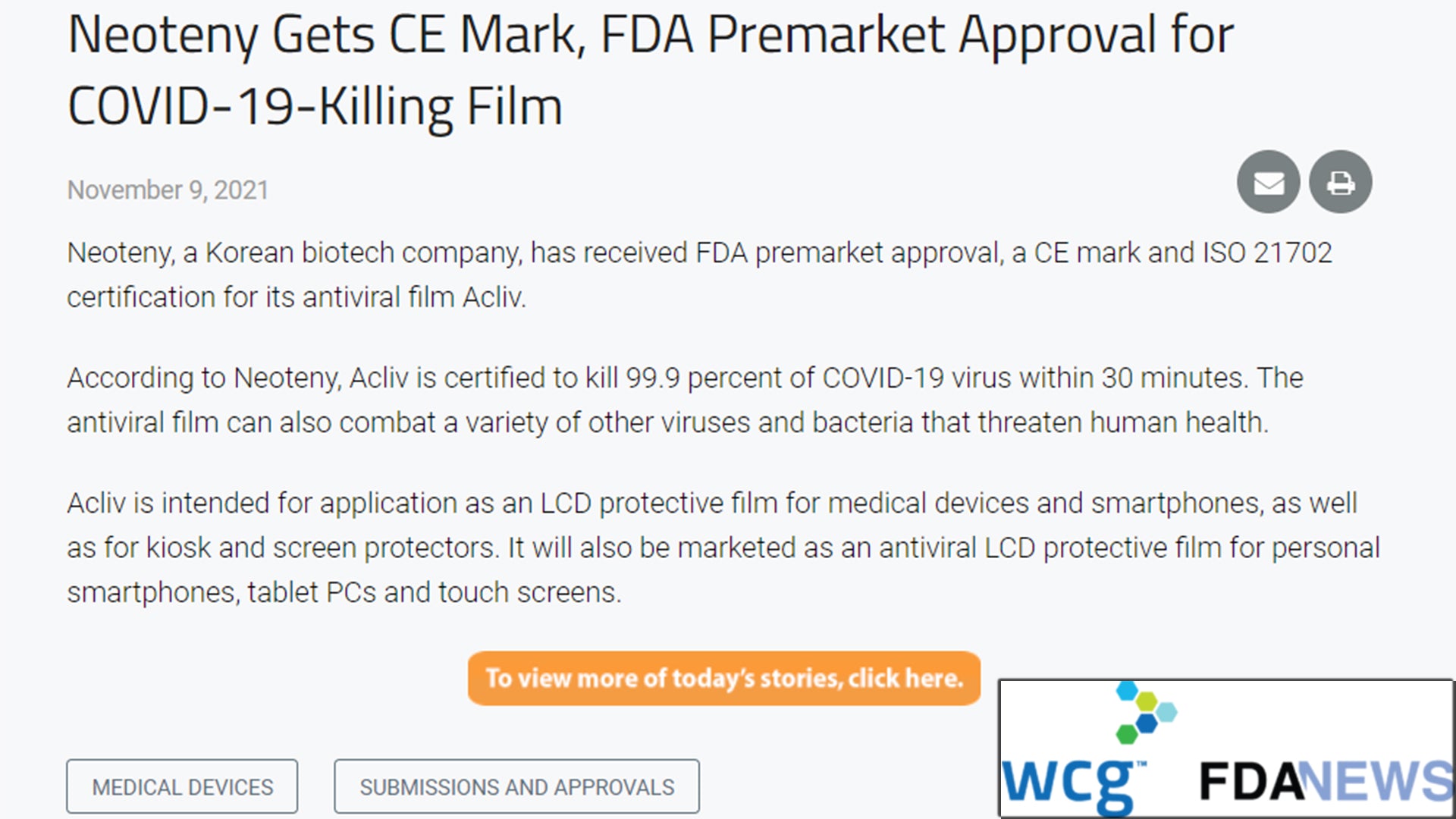 WCG FDANEWS - Neoteny Gets CE Mark, FDA Premarket Approval for COVID-19-Killing Film