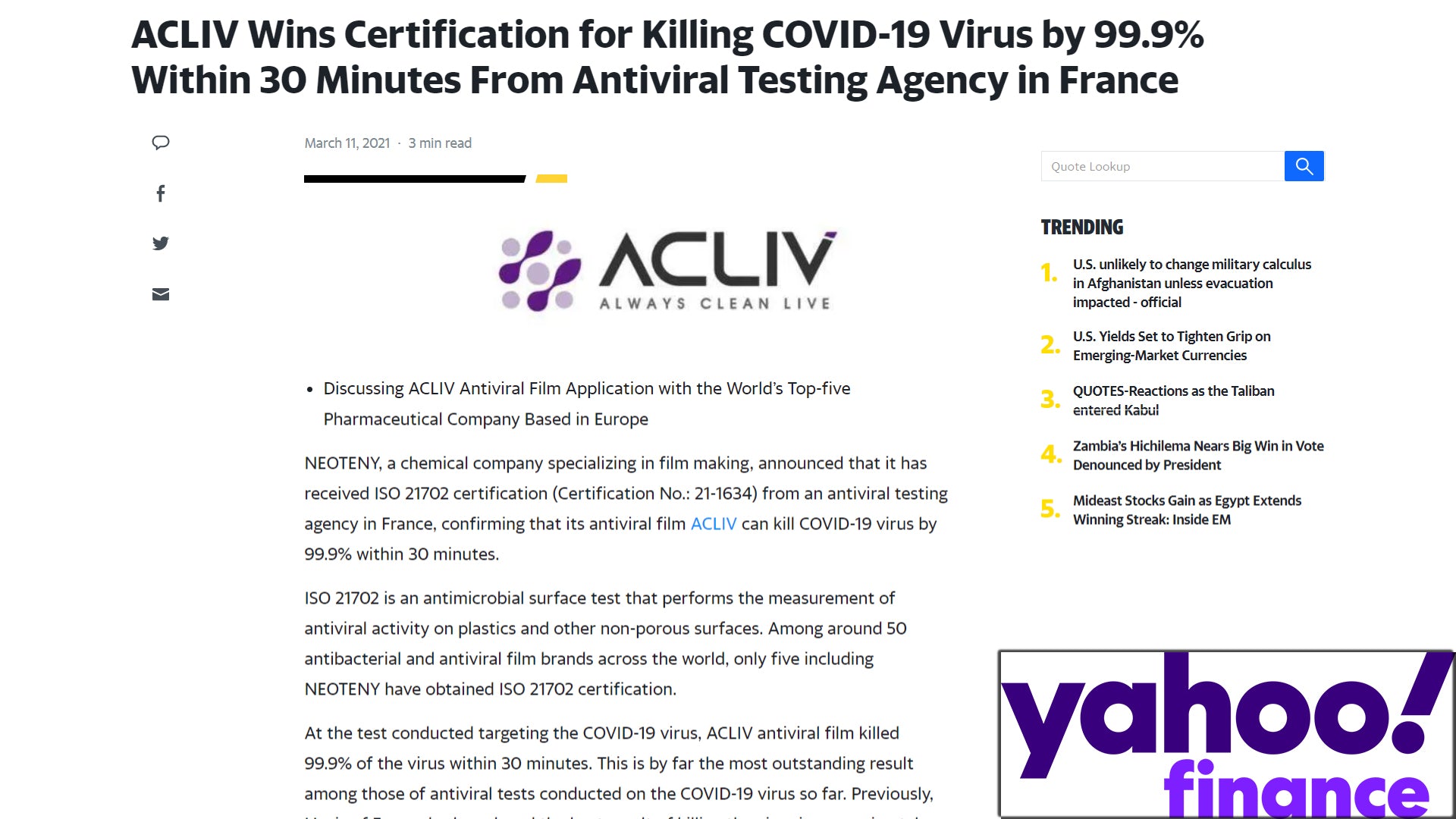 Yahoo! Finance – ACLIV Wins Certification for Killing COVID-19 Virus by 99.9% Within 30 Minutes From Antiviral Testing Agency in France